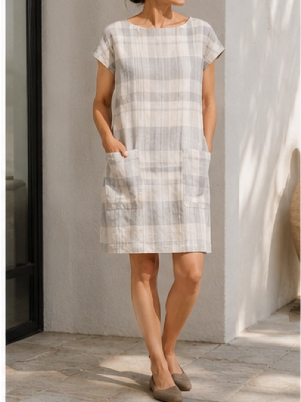 NWT Eileen Fisher System Organic Linen plaid shift dress pockets Size PM